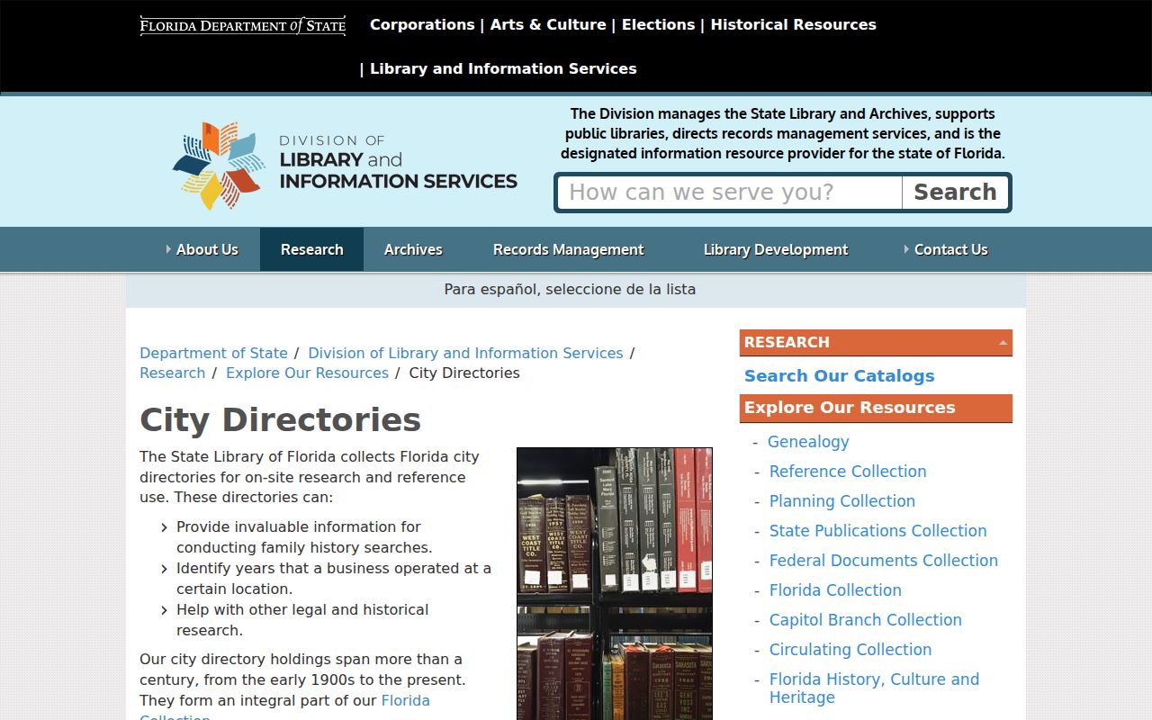 State Library of Florida city directory collection search page