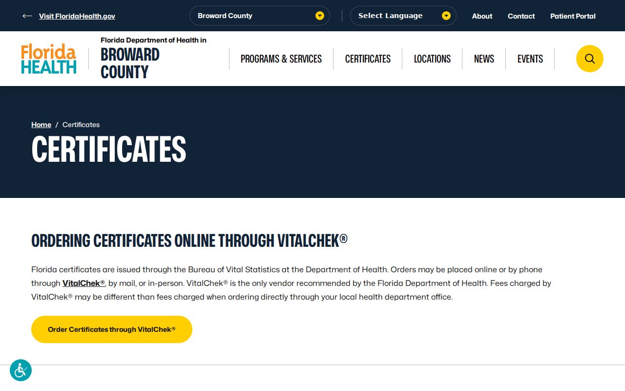 Broward County birth and death certificate service page