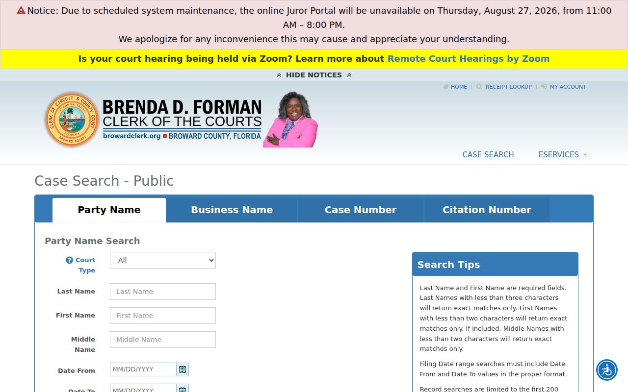 Broward Clerk court party-name form for Hallandale Beach resident lookup