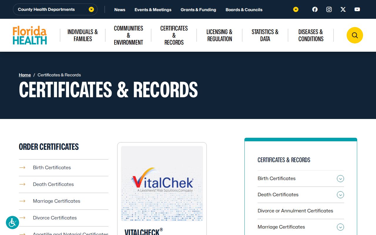 Florida vital records certificate choices for Hallandale Beach research