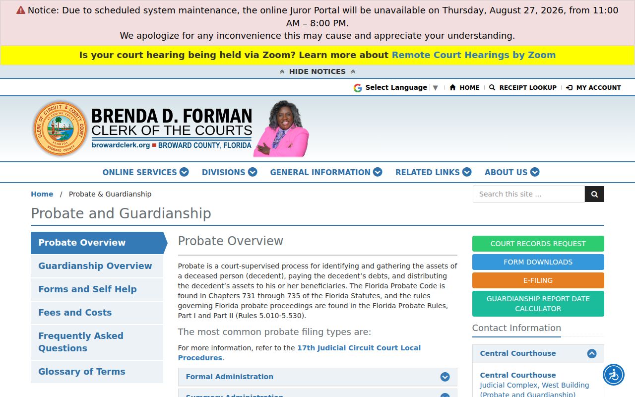 Broward Clerk probate and guardianship access page